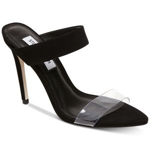 AMAYA Steve Madden high heel pump sandal black suede leather with a clear strap